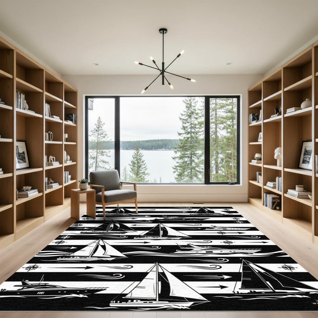 Nautical Sailboat Marine Compass Stripe Rug