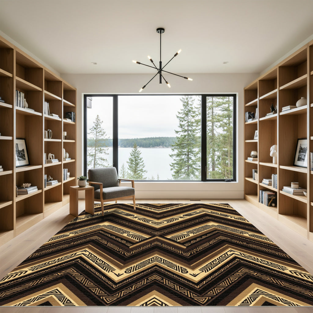 Golden Earthy Toned Chevron Geometric Art Rug