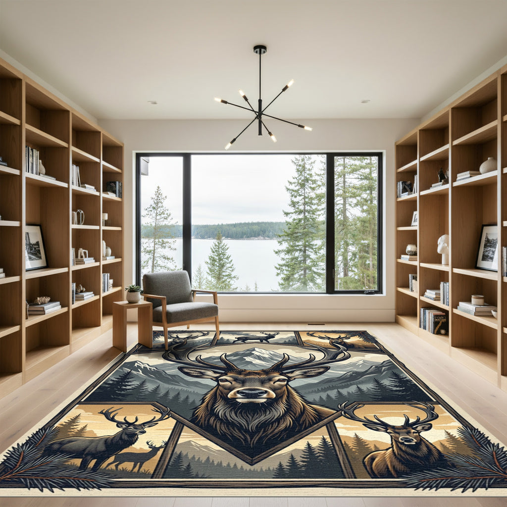 Rustic Majestic Elk Mountain Panel Art Rug