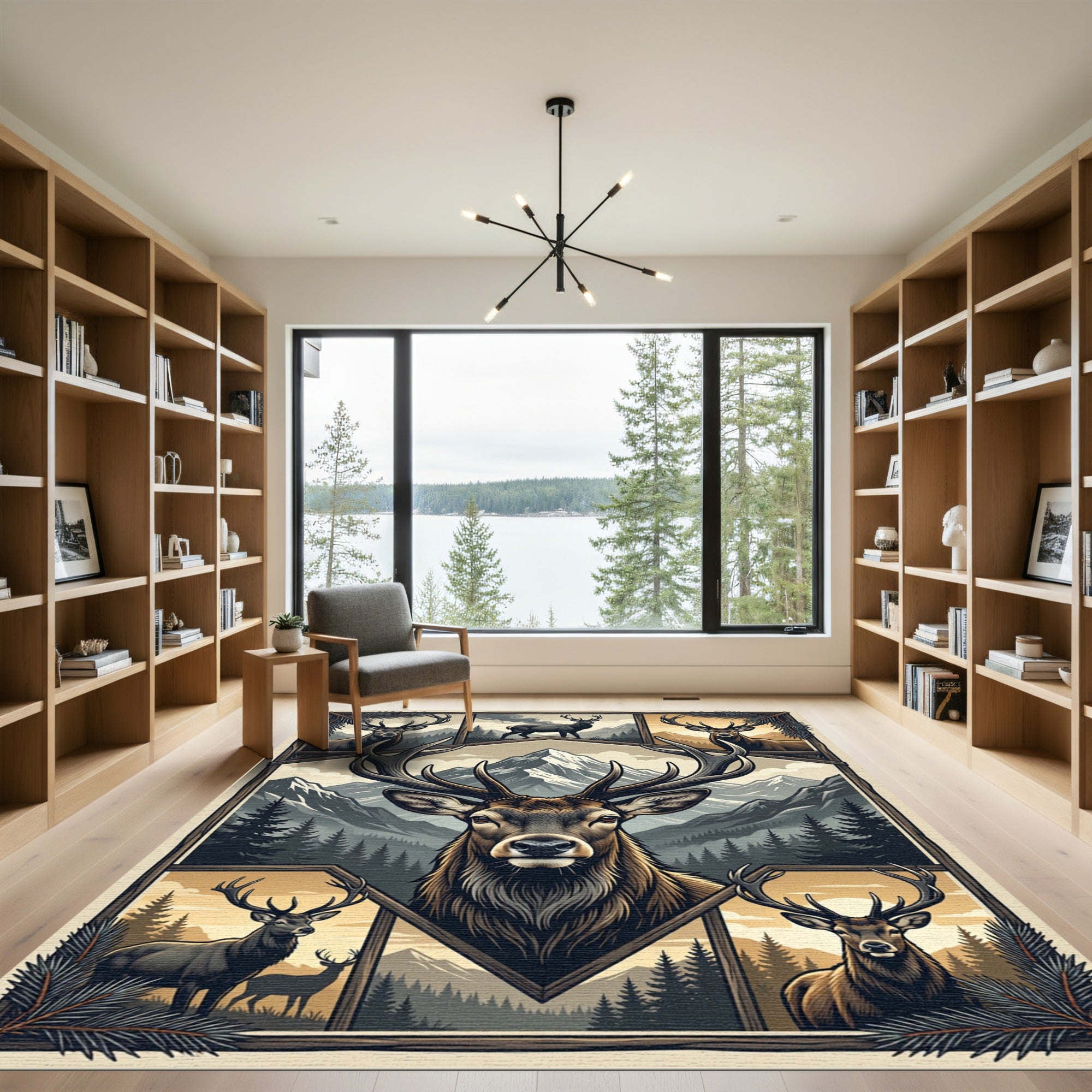 Rustic Majestic Elk Mountain Panel Art Rug