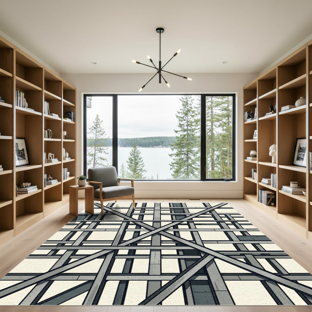 Modern Gray Industrial Grid Composition Rug