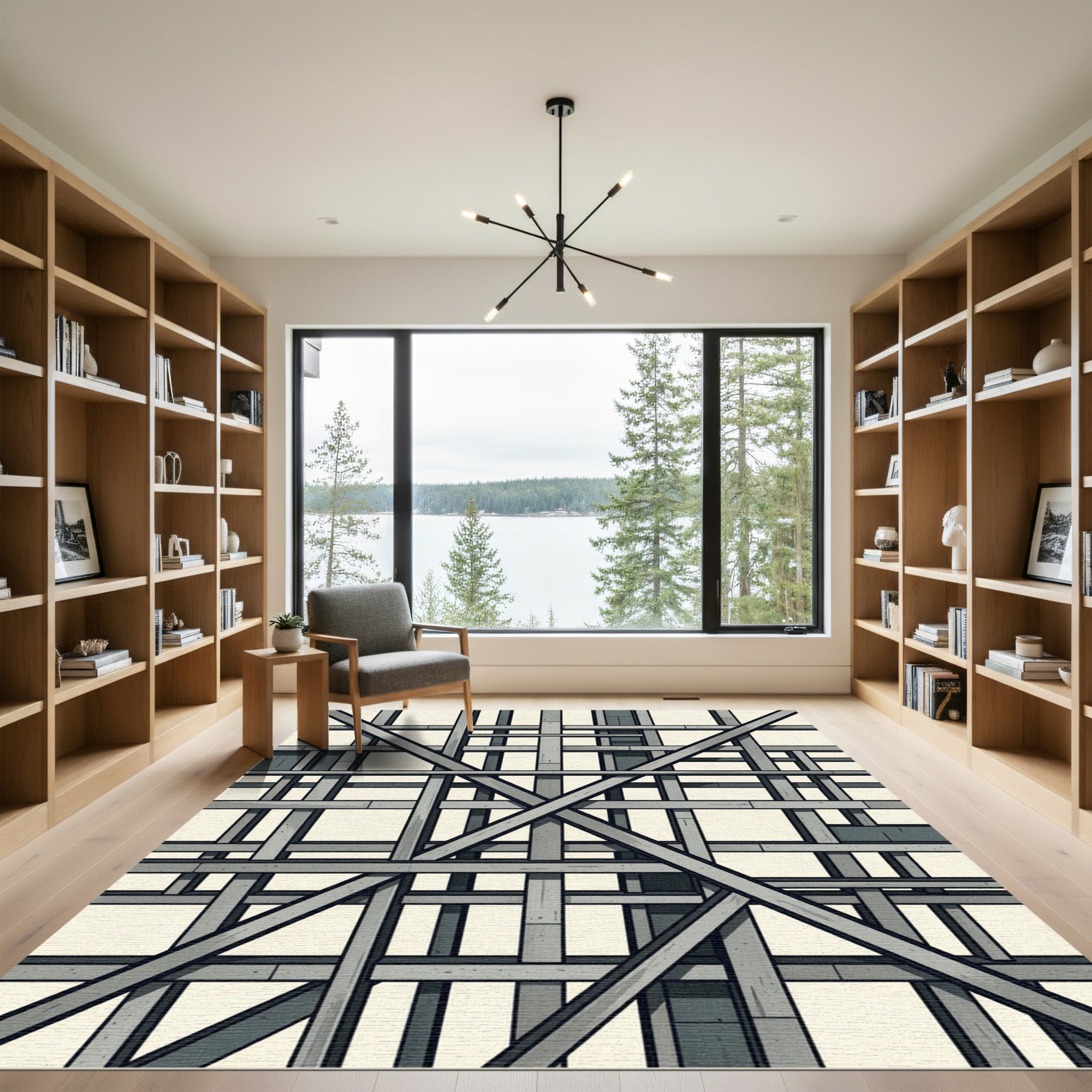 Modern Gray Industrial Grid Composition Rug