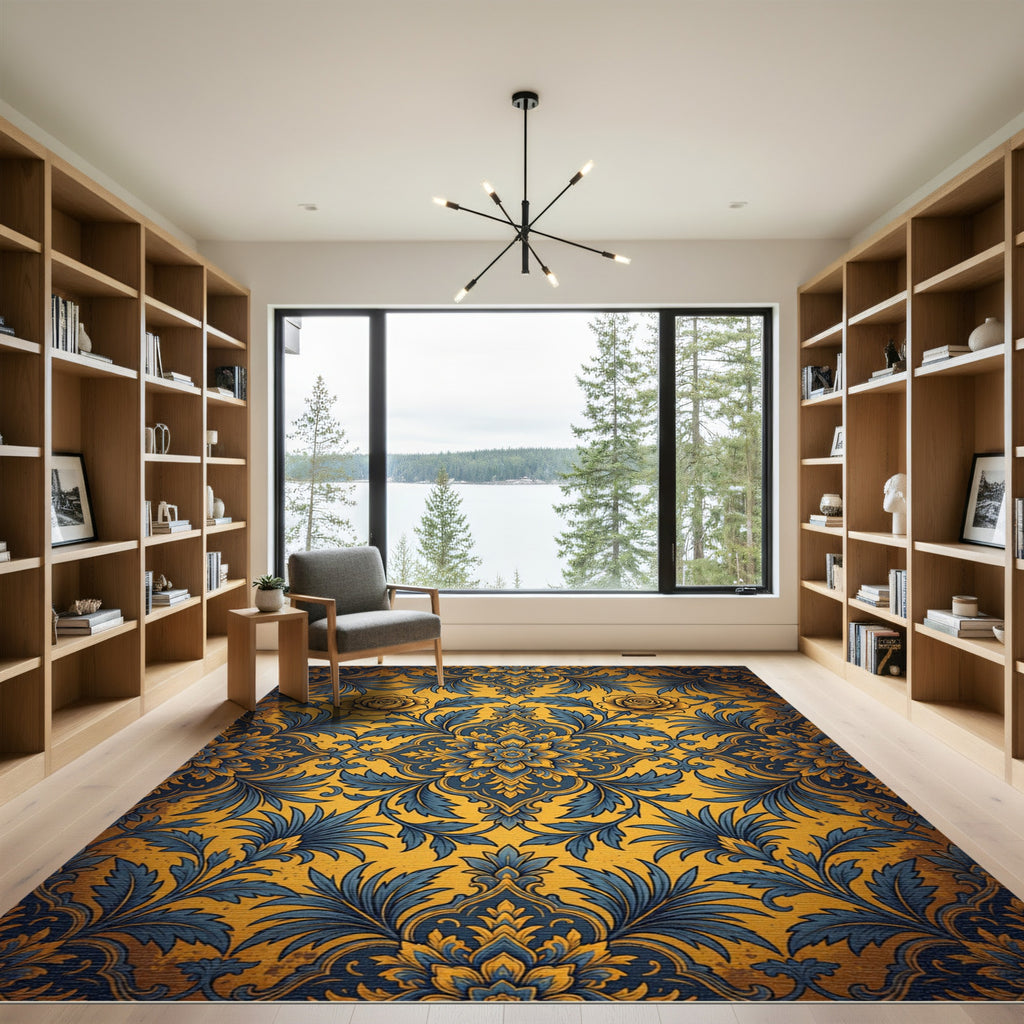 Golden Yellow Blue Floral Damask Rug