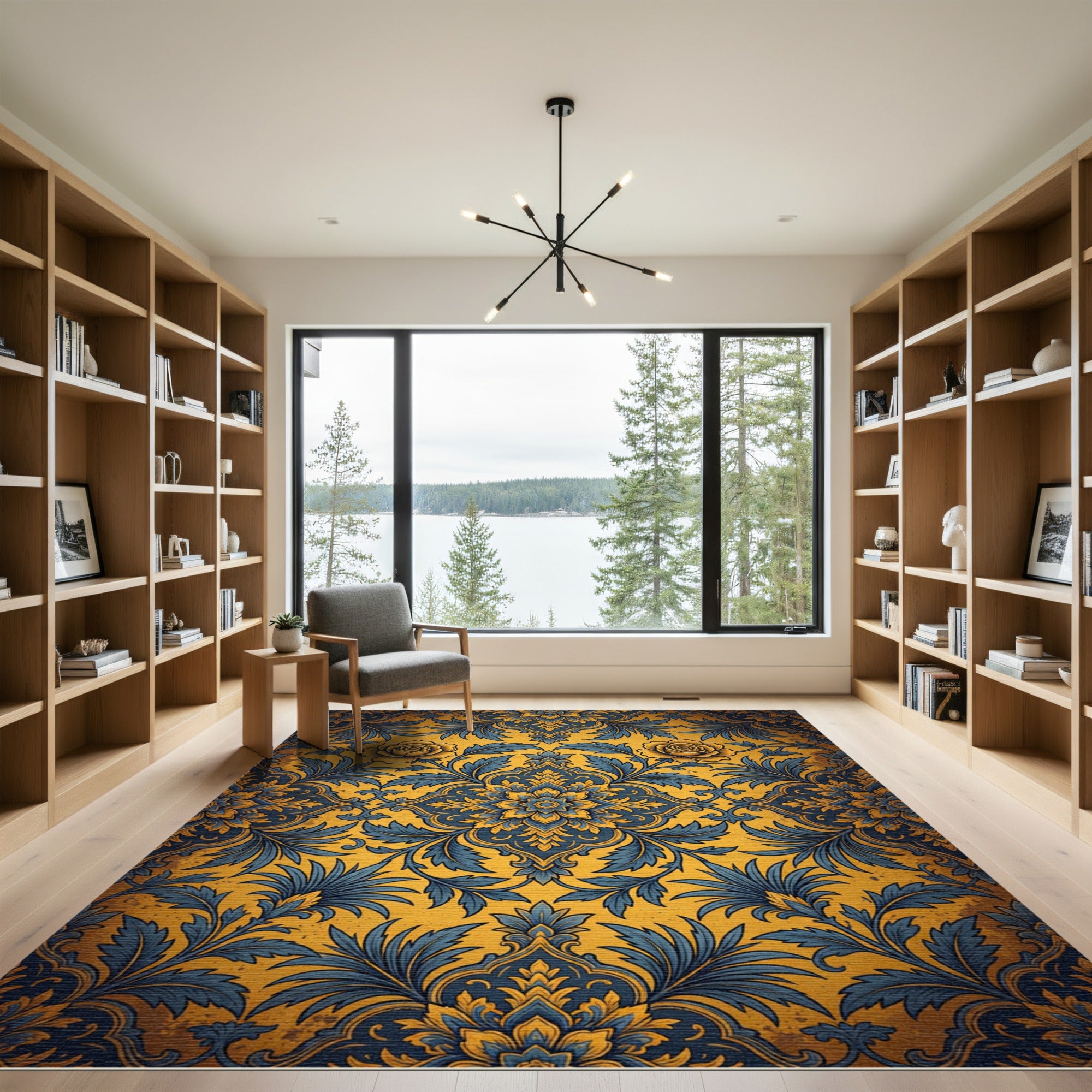 Golden Yellow Blue Floral Damask Rug