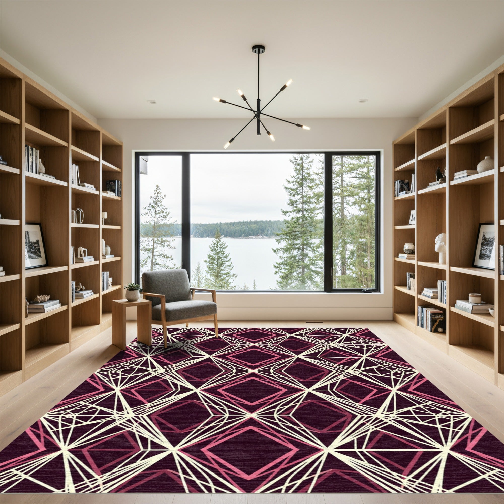 Geometric Burgundy Cream Diamond Linear Art Rug
