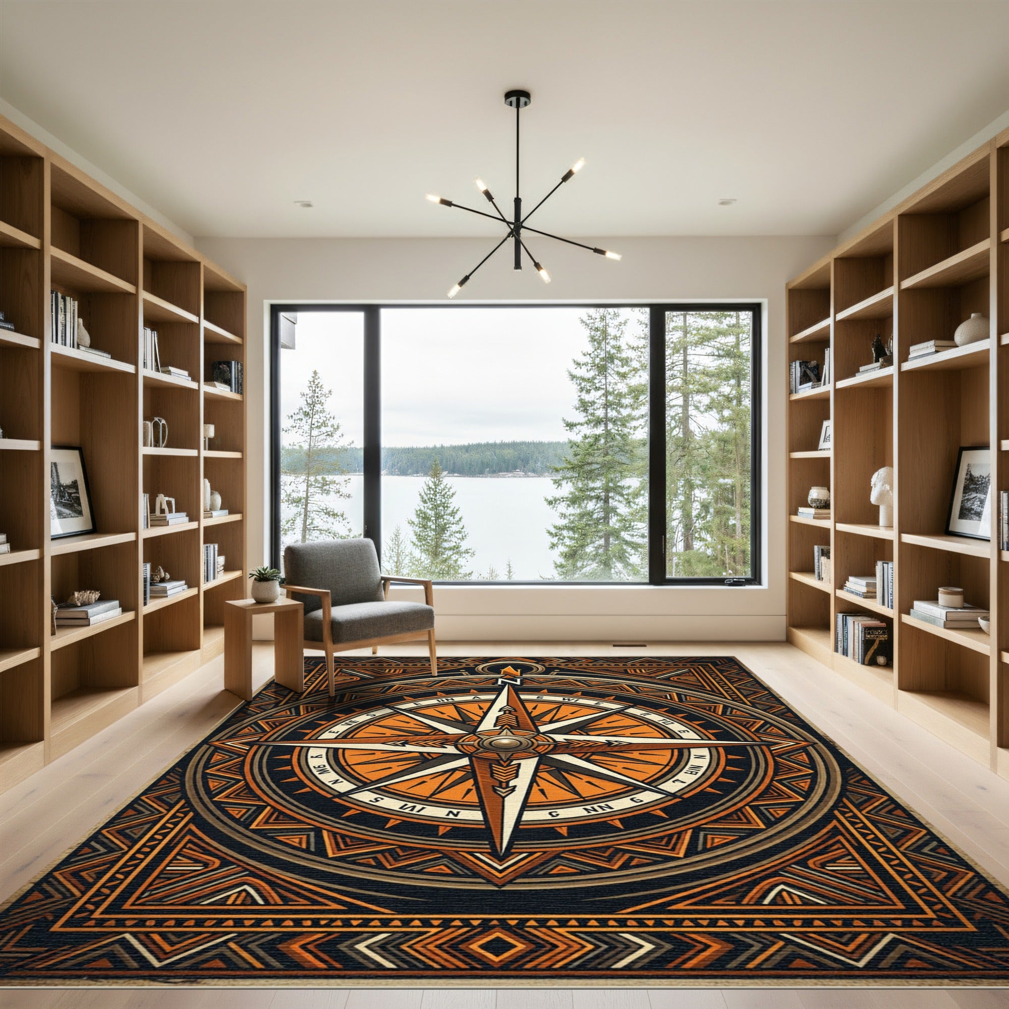 Geometric Golden Compass Navigation Crest Rug