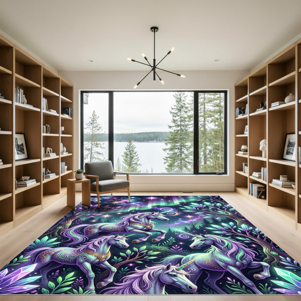 Enchanted Cosmic Unicorn Crystal Forest Rug