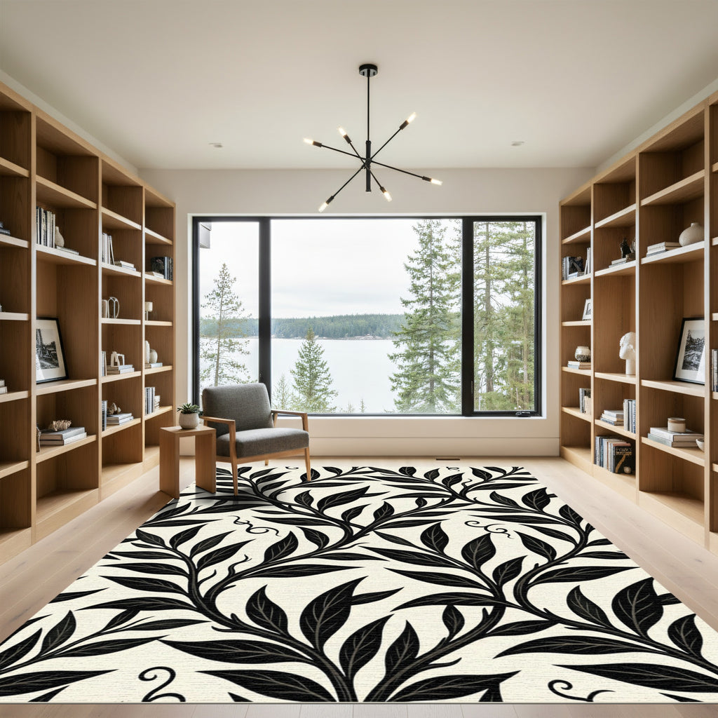 Black Leaf Vine Scroll Cream Rug