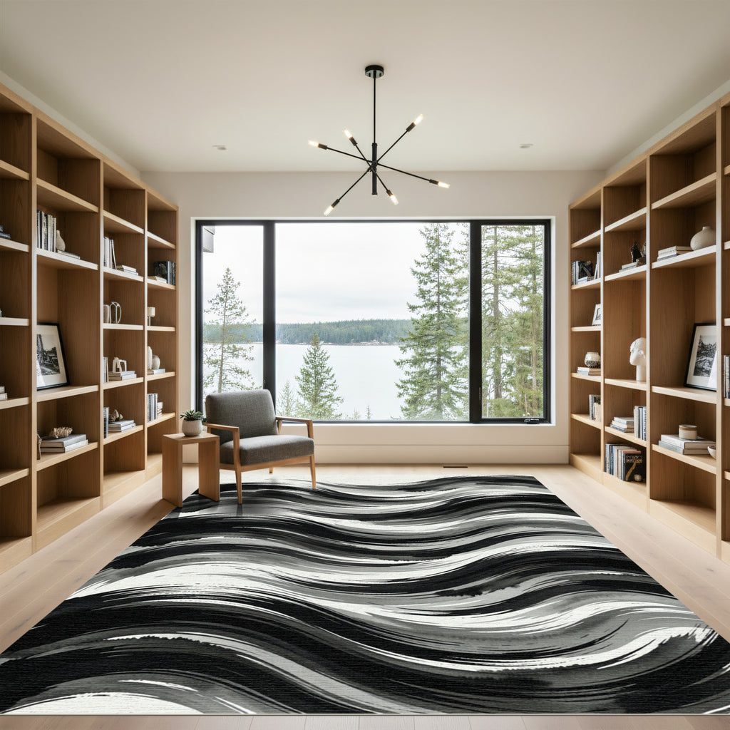 Monochromatic Ink Wash Wave Rug