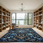 Elegant Navy Gold Compass Star Scroll Rug