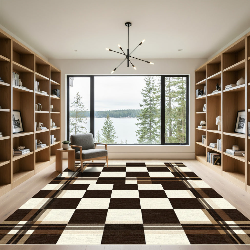 Brown Cream Checkered Tartan Plaid Rug