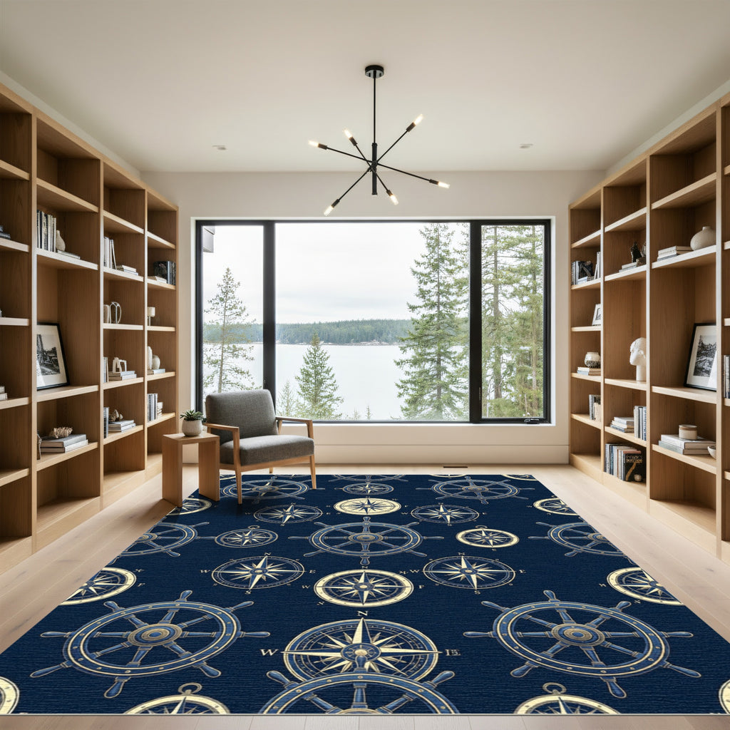 Nautical Blue Ship Wheel Compass Rose Rug