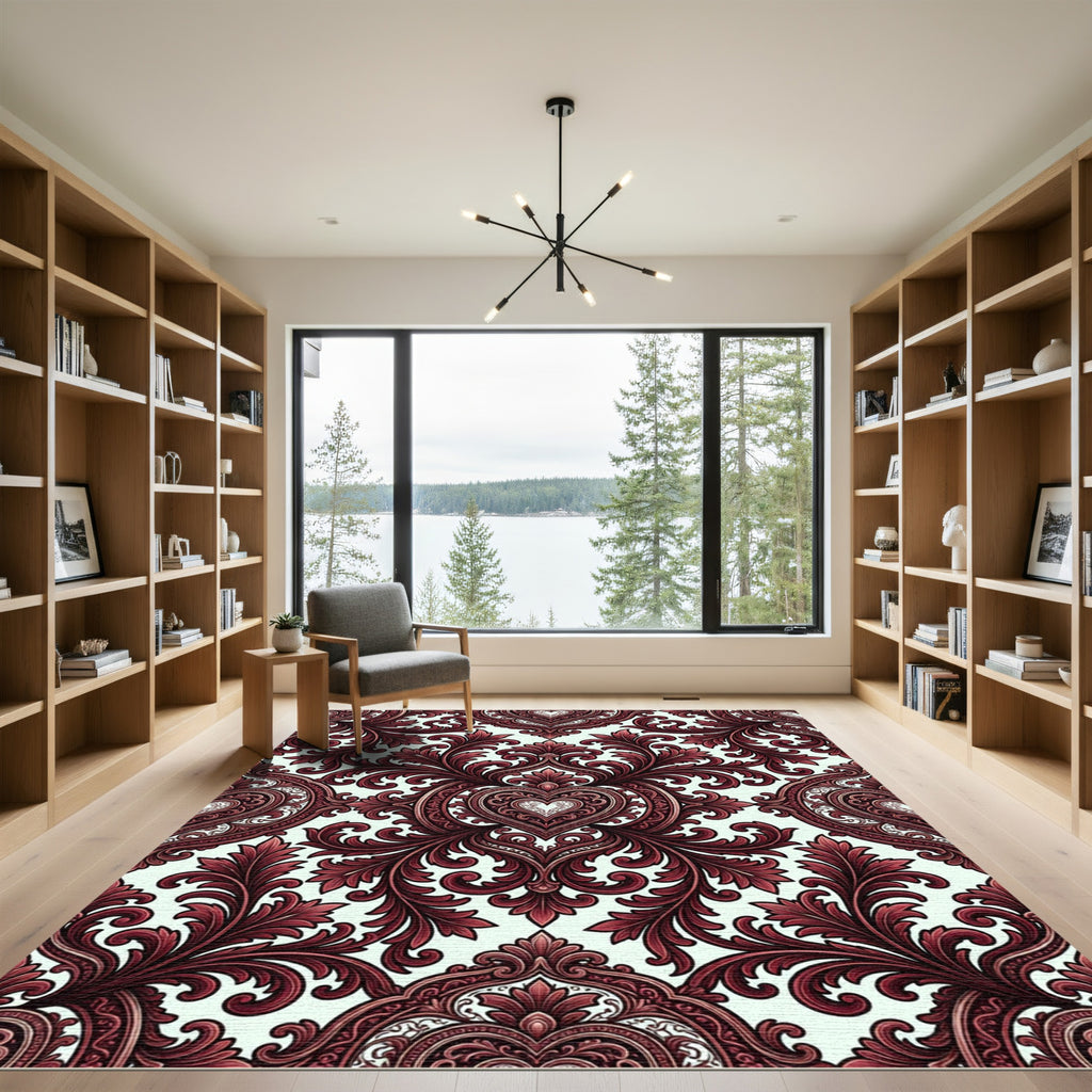 Elegant Crimson Damask Victorian Heart Rug