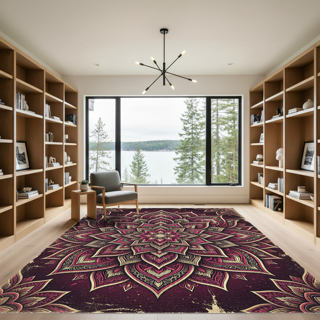 Intricate Crimson Floral Mandala Rug