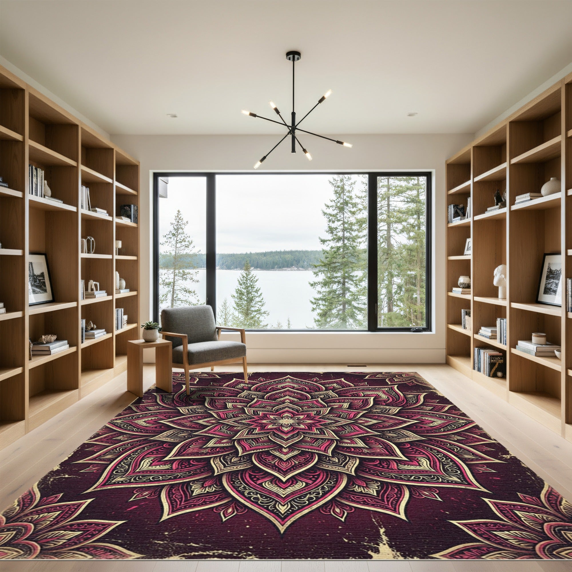 Intricate Crimson Floral Mandala Rug