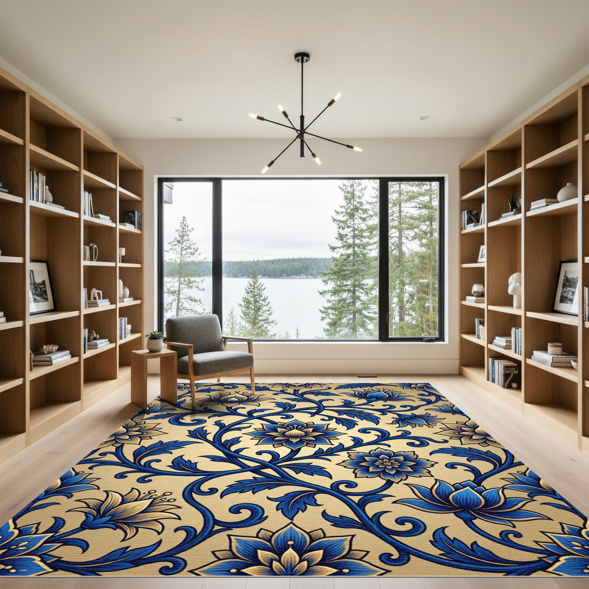 Elegant Blue and Gold Floral Vine Rug