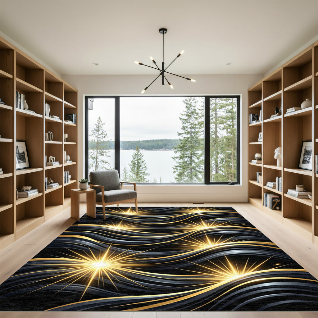 Luminous Gold Radiant Wave Ink Art Rug