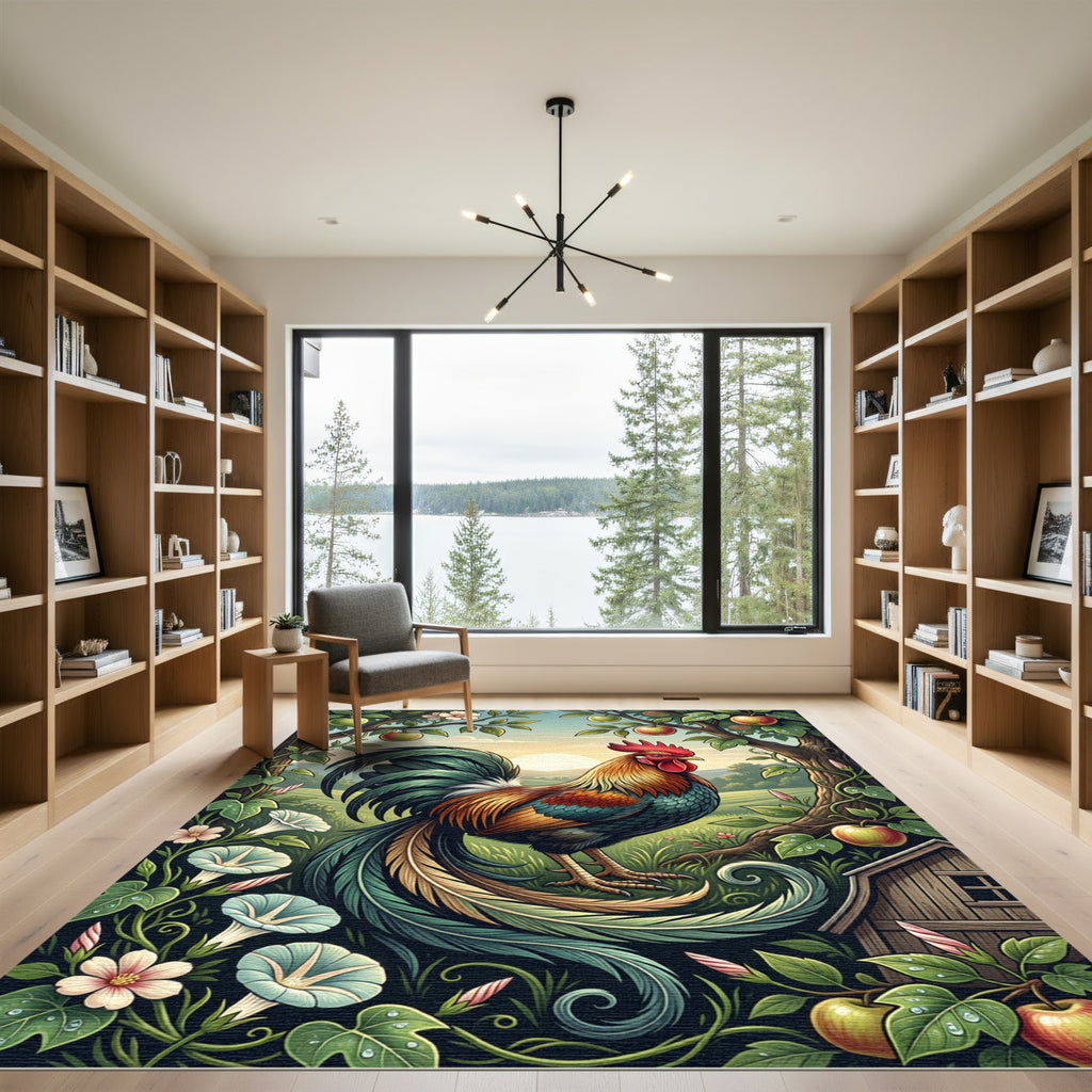 Vibrant Rooster with Apples Garden Scene Rug