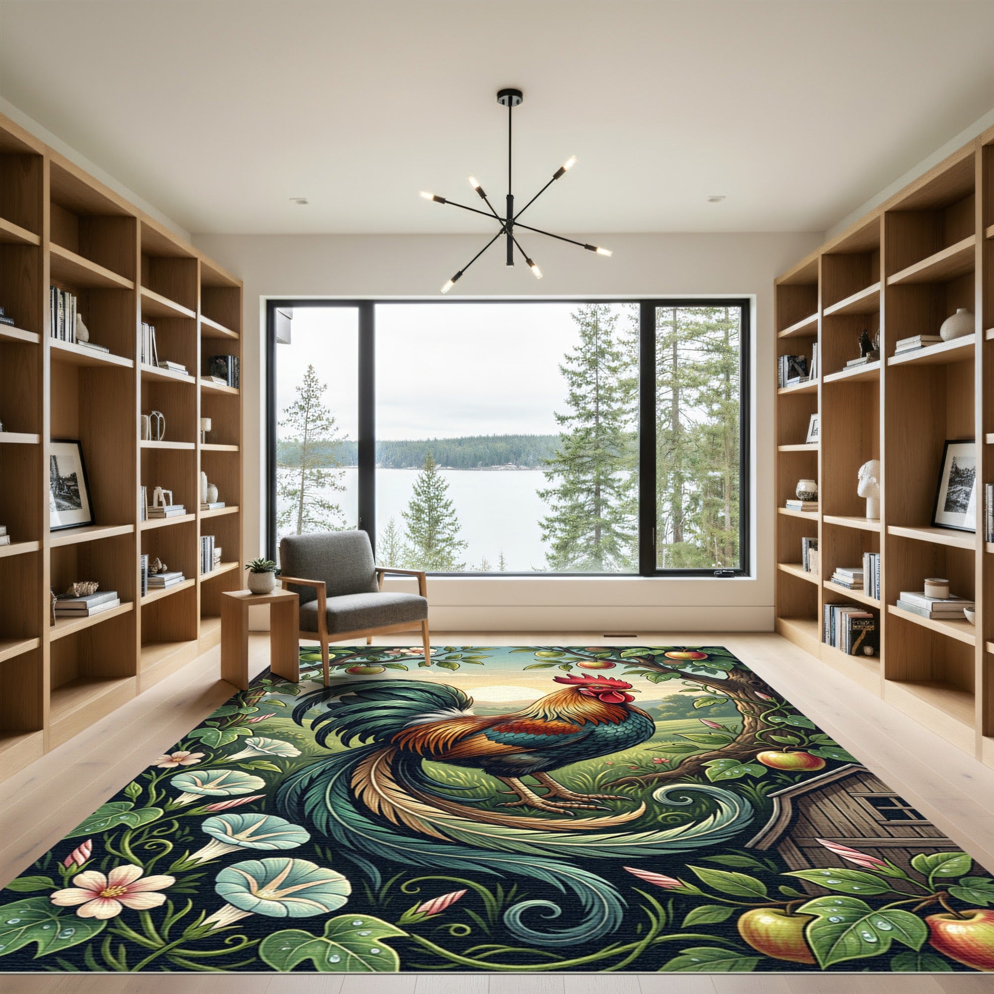 Vibrant Rooster with Apples Garden Scene Rug