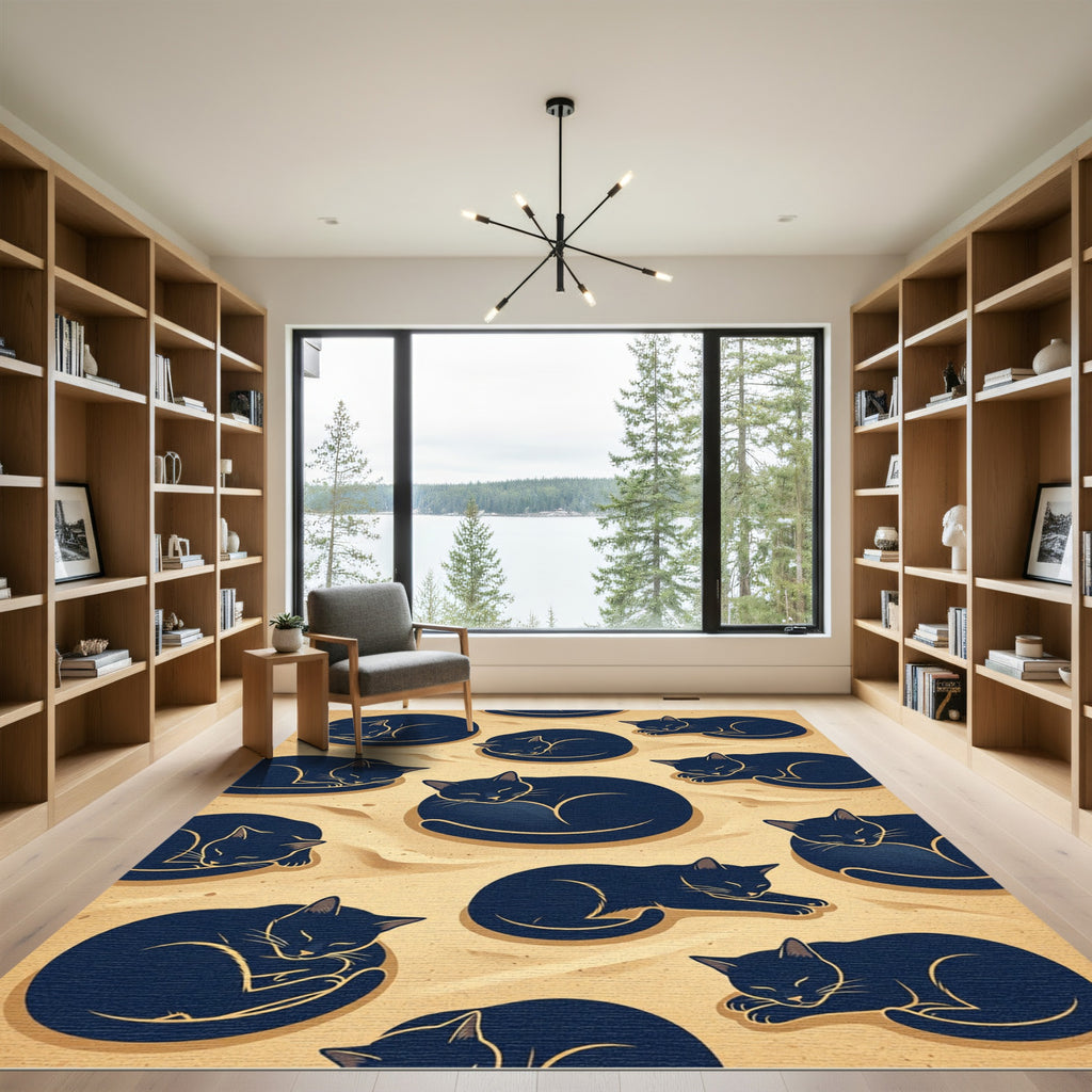 Minimalist Navy Sleeping Cats Composition Rug