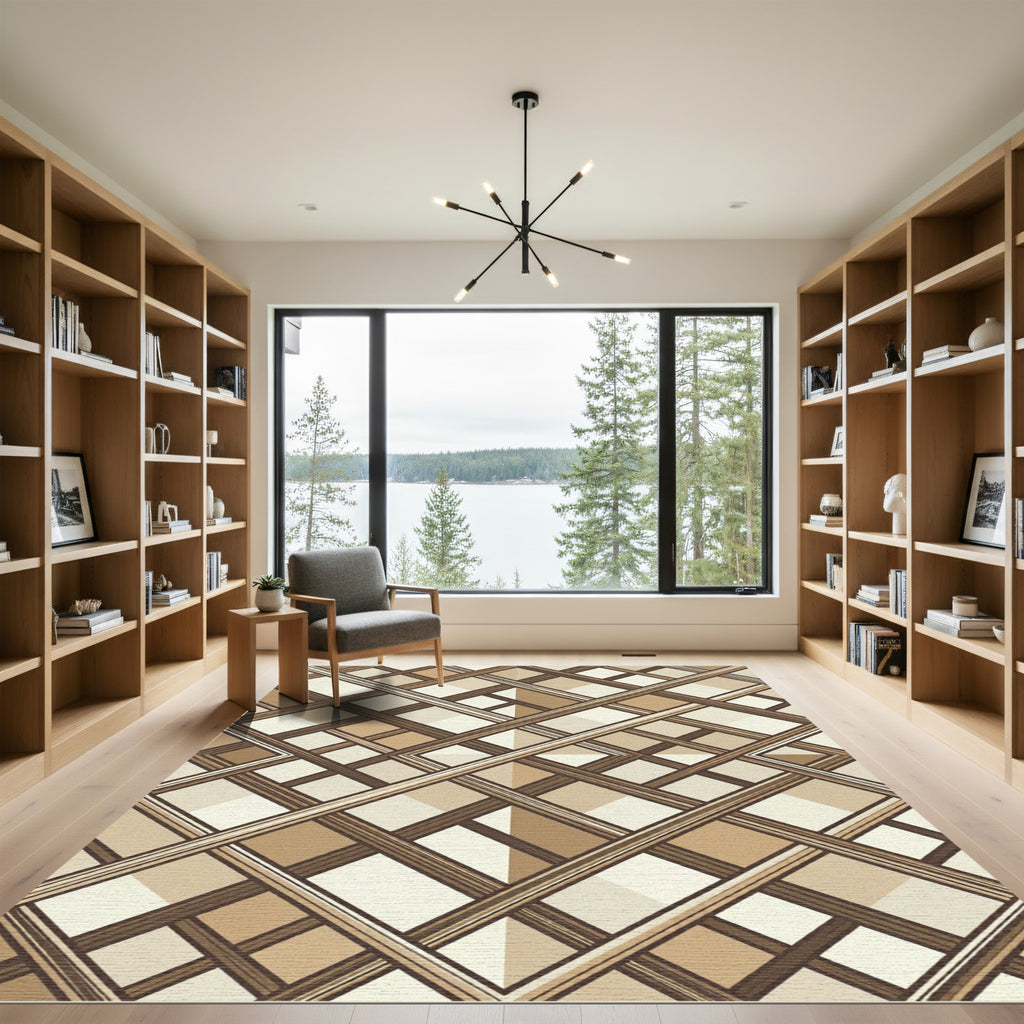 Sophisticated Beige Lattice Grid Check Rug