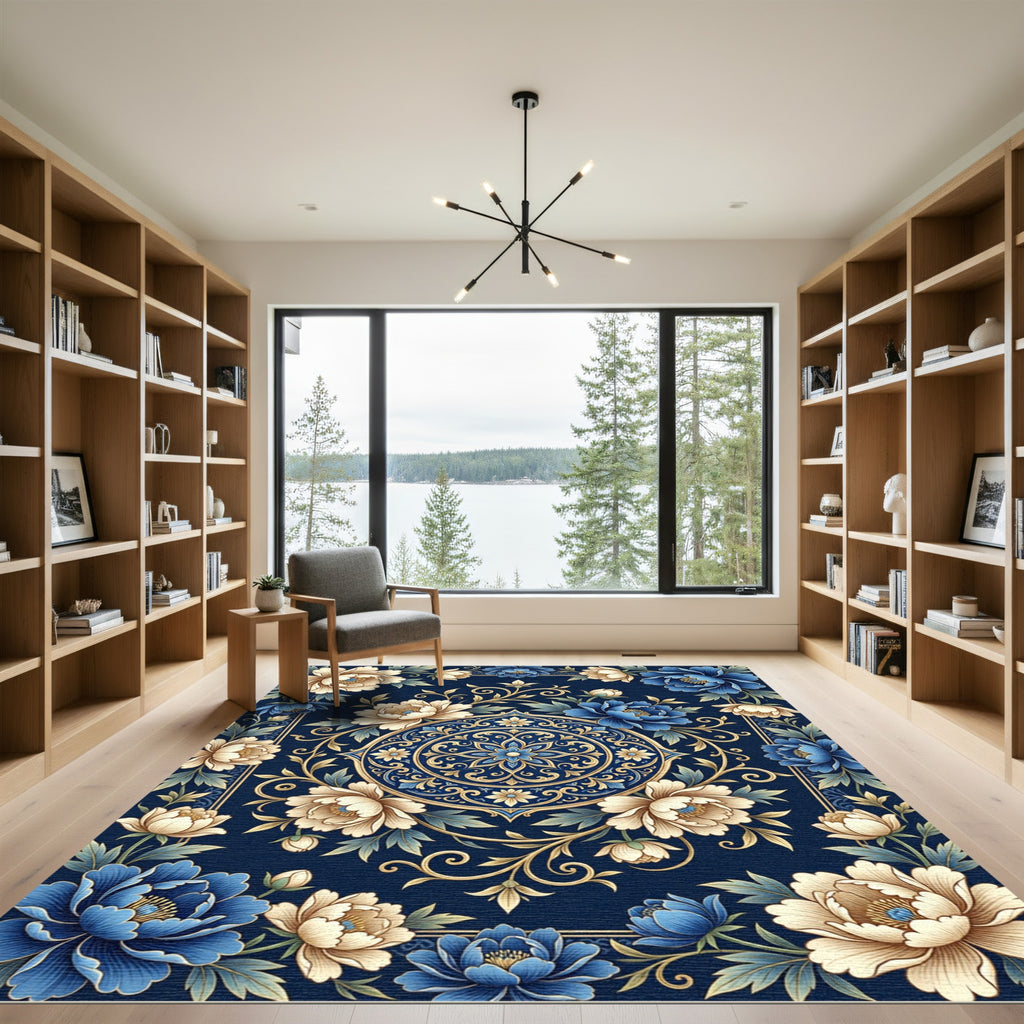Elegent Navy Blue Floral Medallion Rug