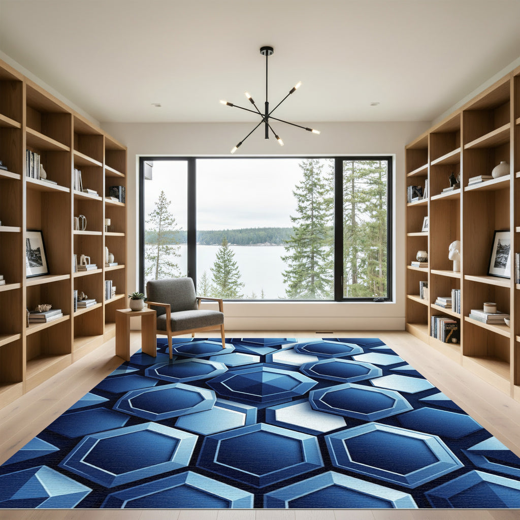 Deep Blue Faceted Geometric Hexagon Rug