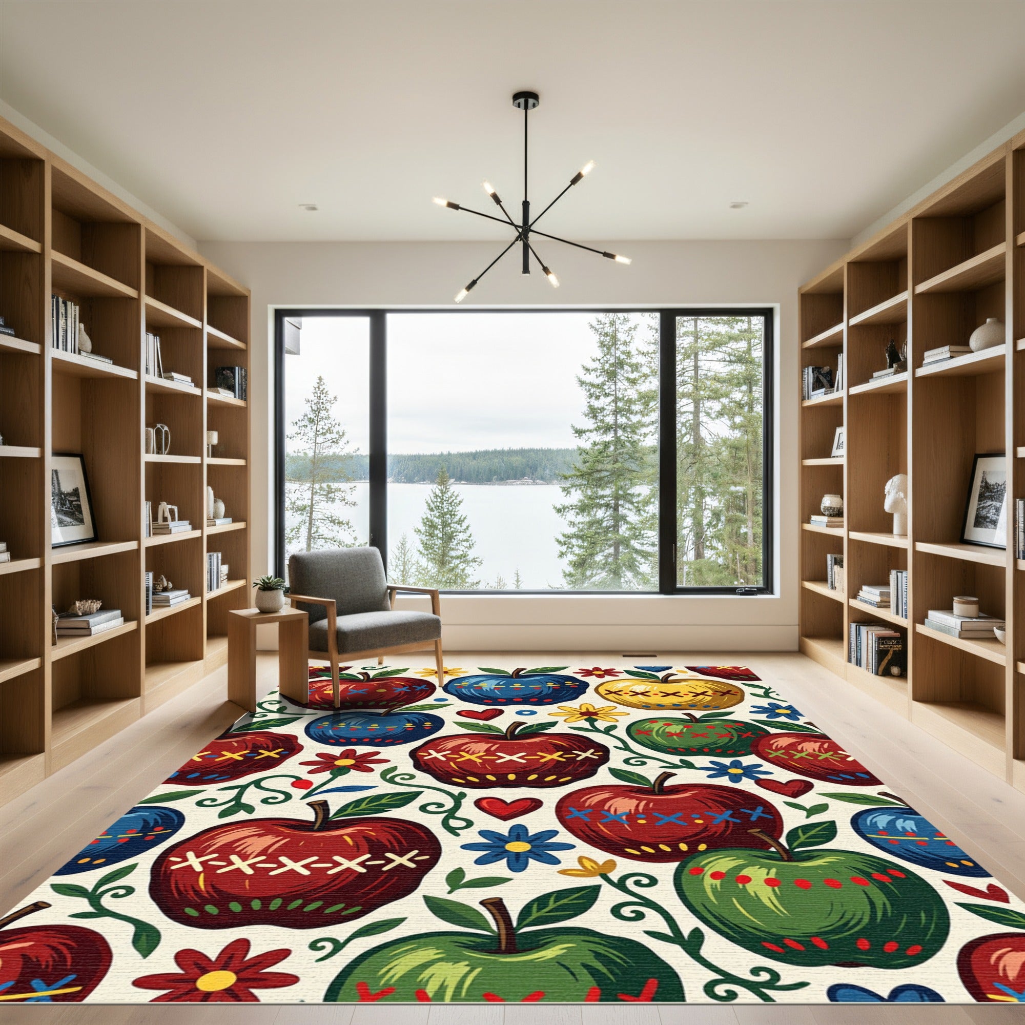 Folk Art Apple and Floral Illustration Rug
