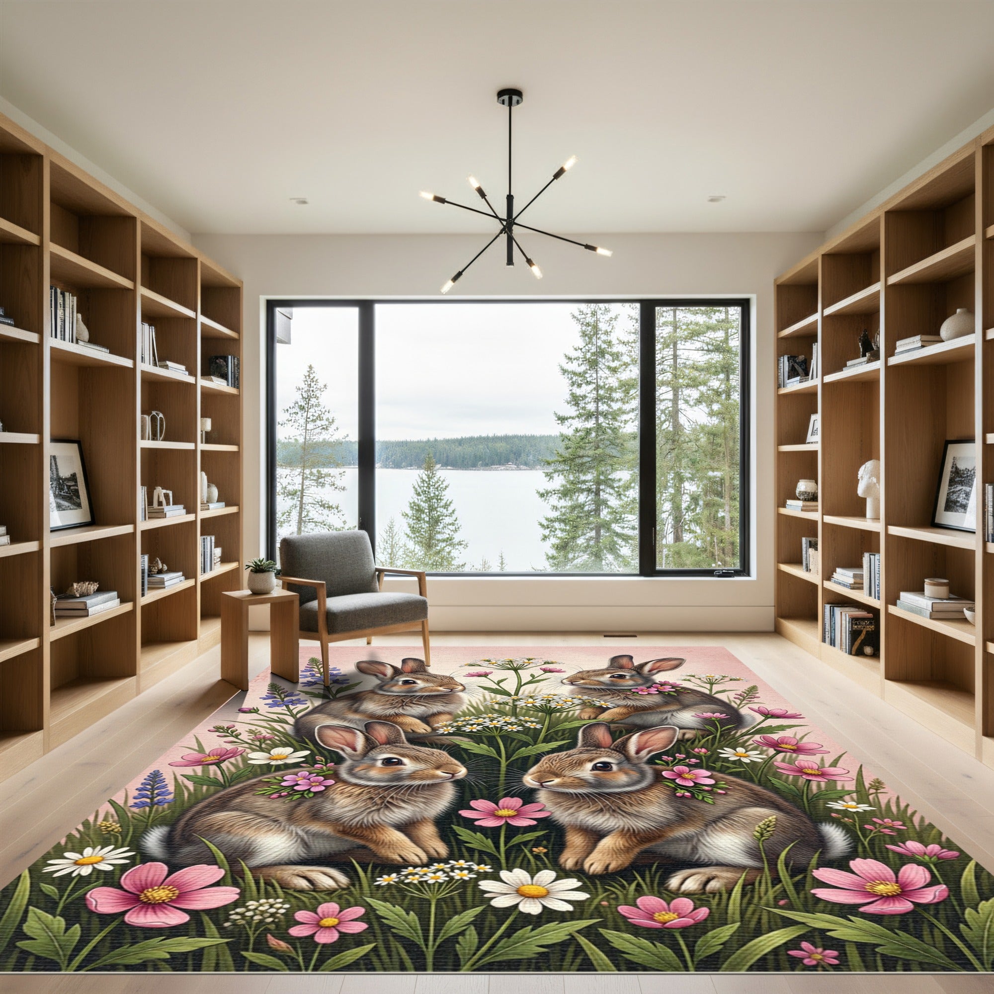Whimsical Meadow Bunnies and Wildflowers Rug