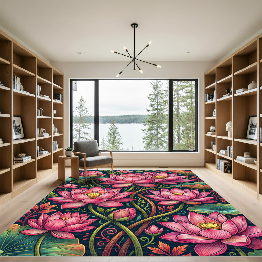 Vibrant Pink Lotus Floral Art Rug