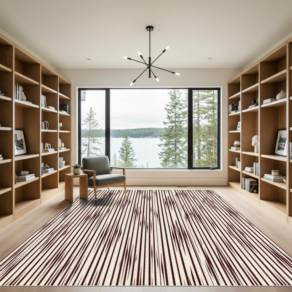Cream Maroon Vertical Stripe Elongated Diamond Rug