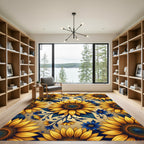 Radiant Sunflower and Blue Blossom Medallion Rug