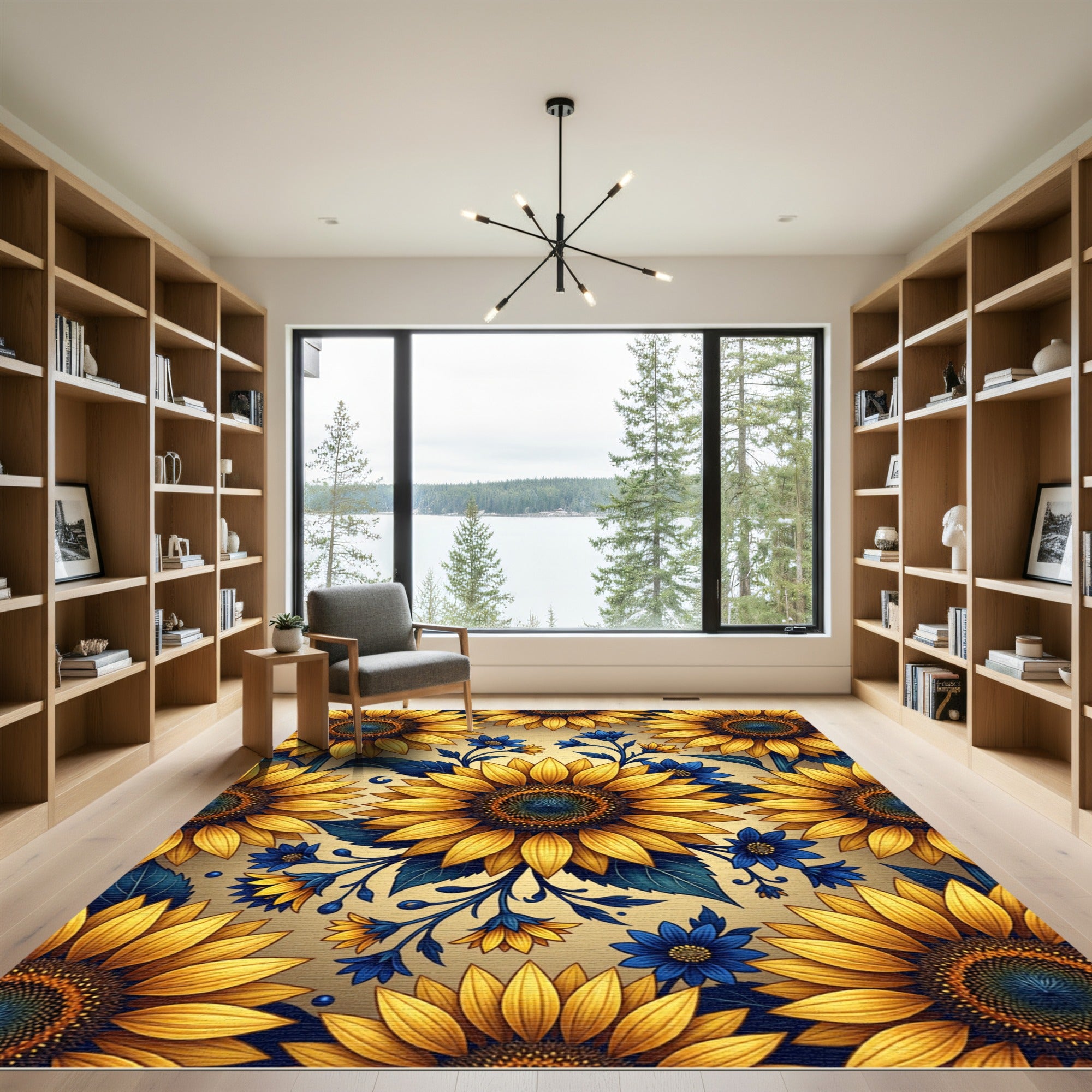 Radiant Sunflower and Blue Blossom Medallion Rug