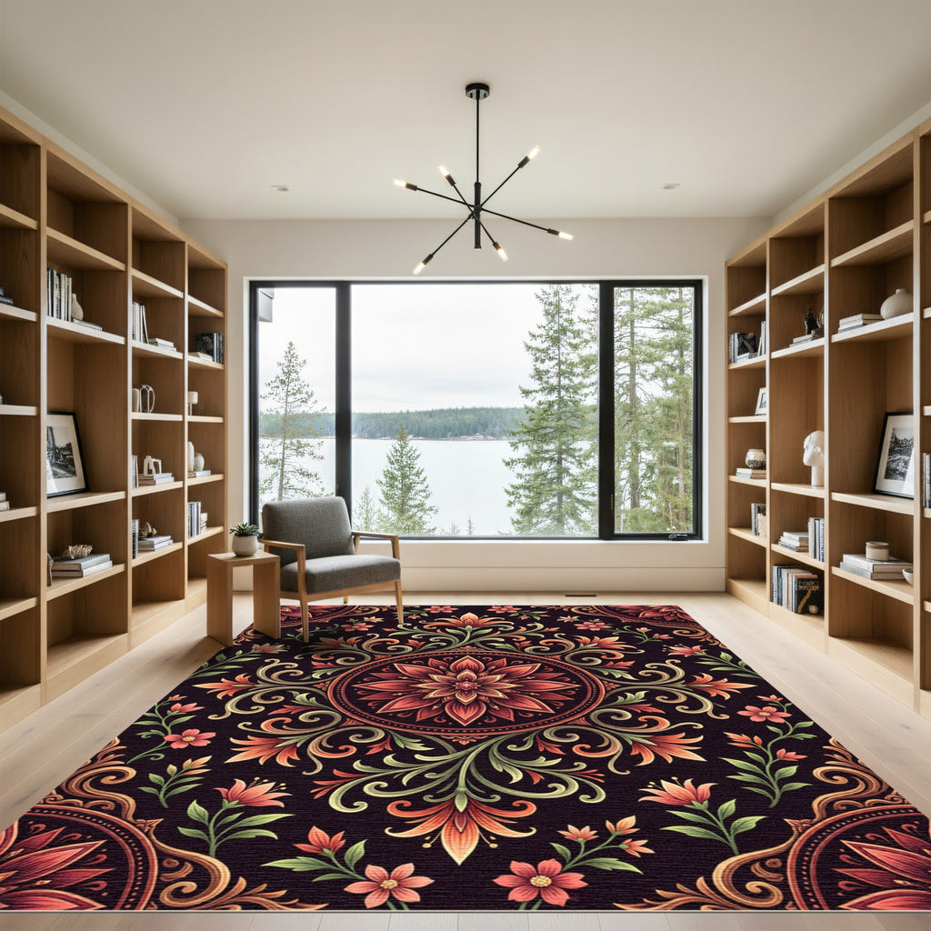 Red And Gold Floral Mandala Rug