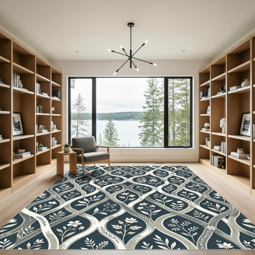 Charcoal Cream Intertwined Botanical Vine Rug