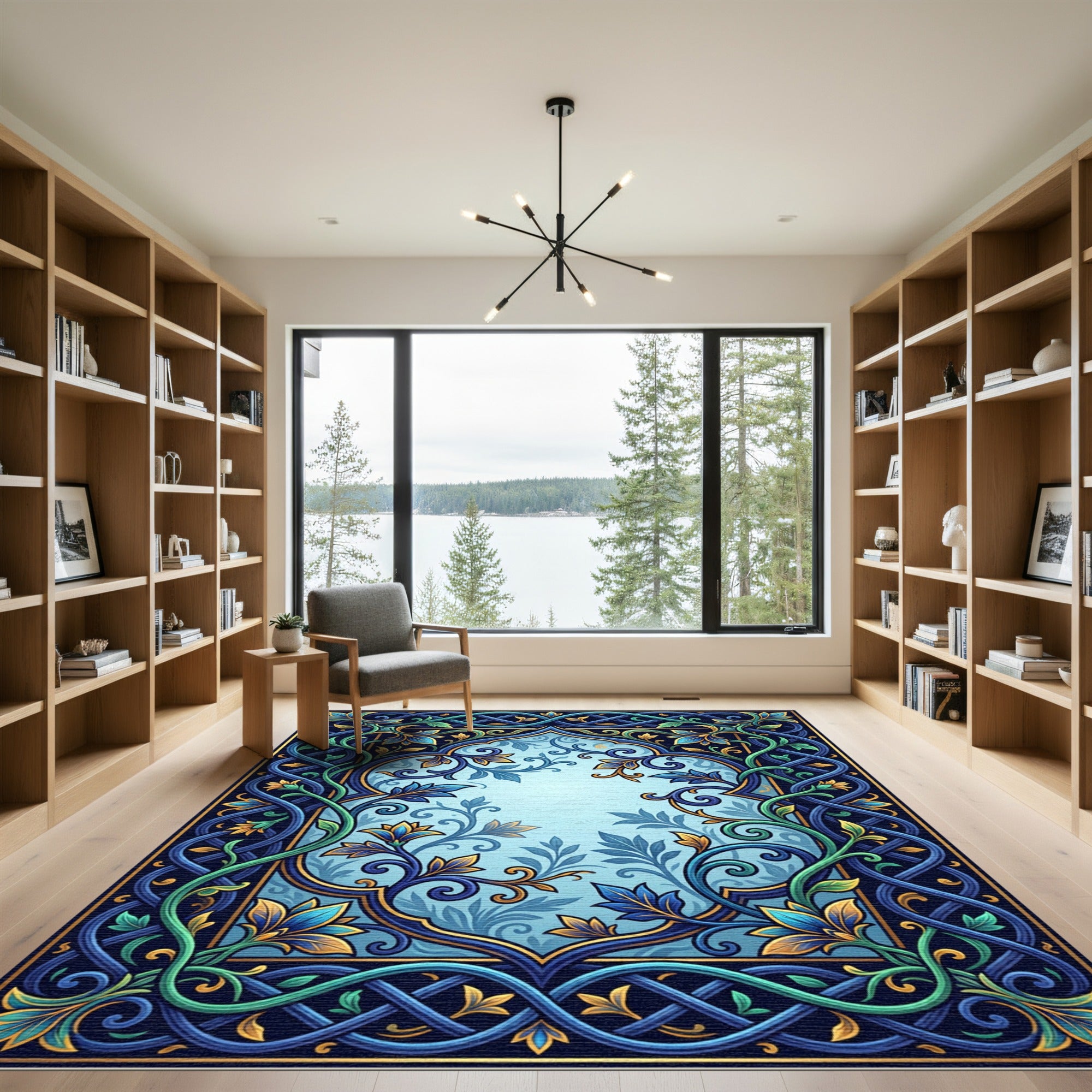 Ornate Sapphire Foliage Intertwining Bloom Rug
