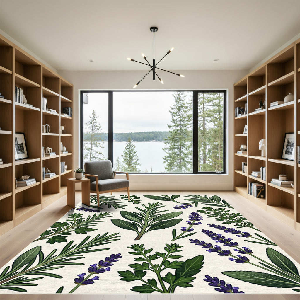 Botanical Garden Herb Illustration Cream Rug