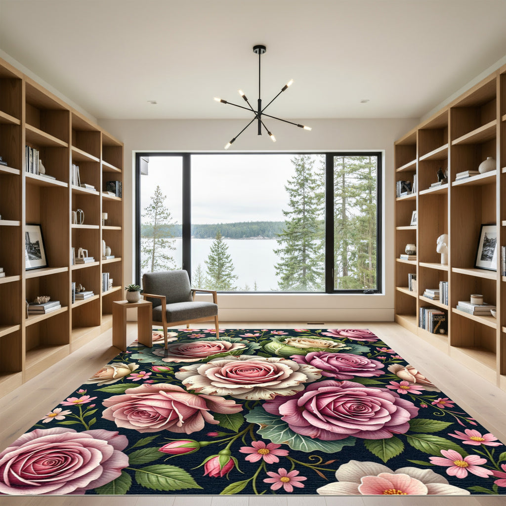 Romantic Pink Rose Botanical Garden Flourish Rug