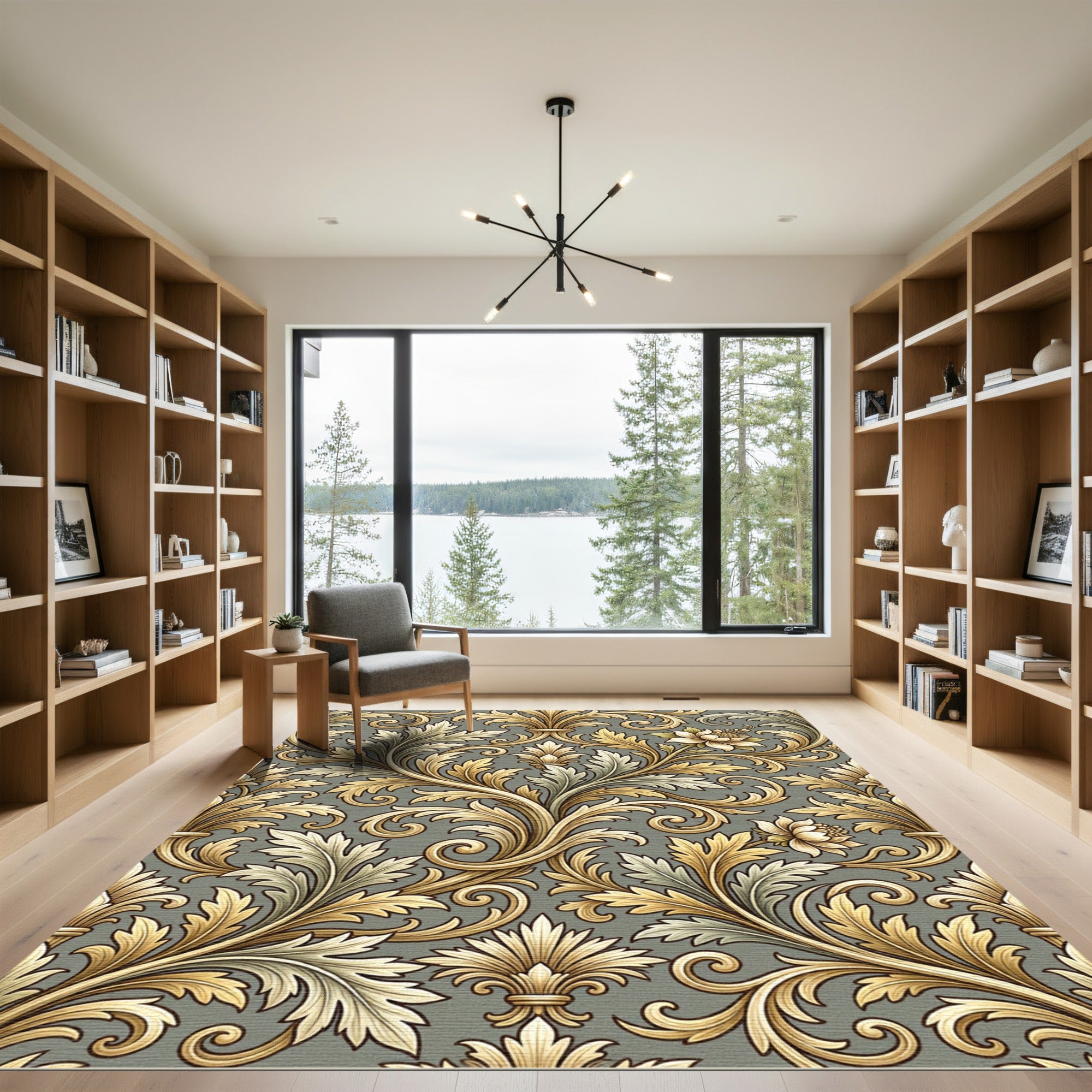 Elegant Golden Scroll Floral Sage Foliage Rug