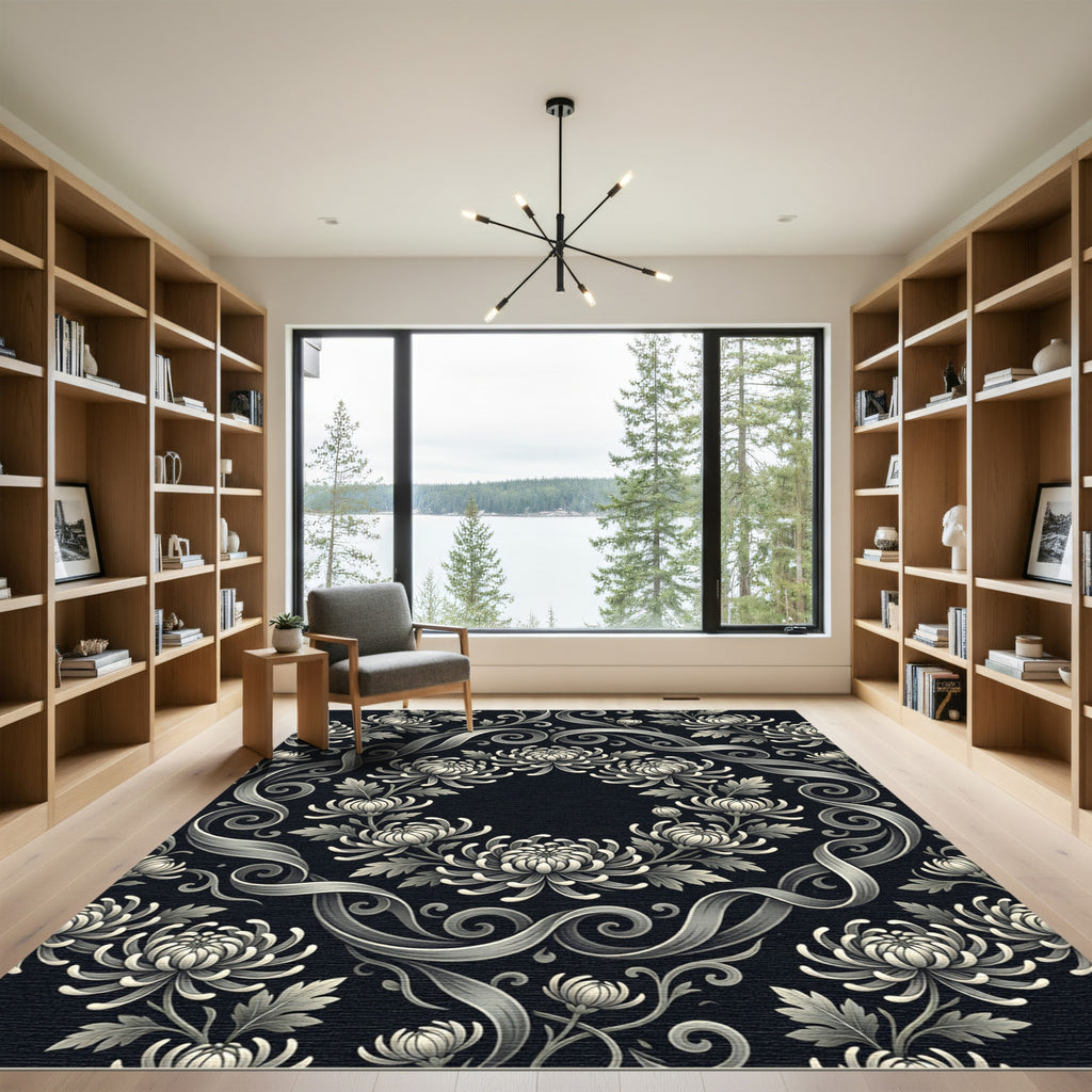 Monochrome Floral Scrollwork Chrysanthemum Rug