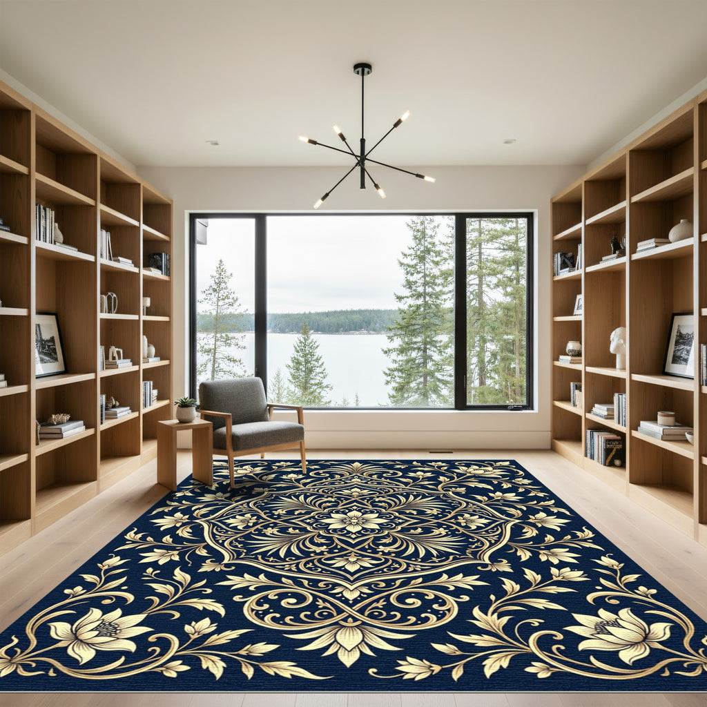 Golden Floral Medallion on Navy Rug