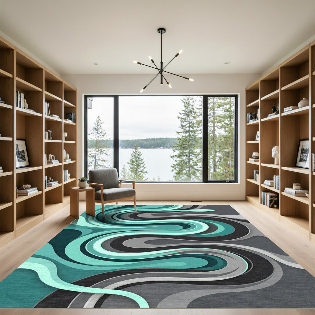 Abstract Serpentine Teal and Gray Flow Rug
