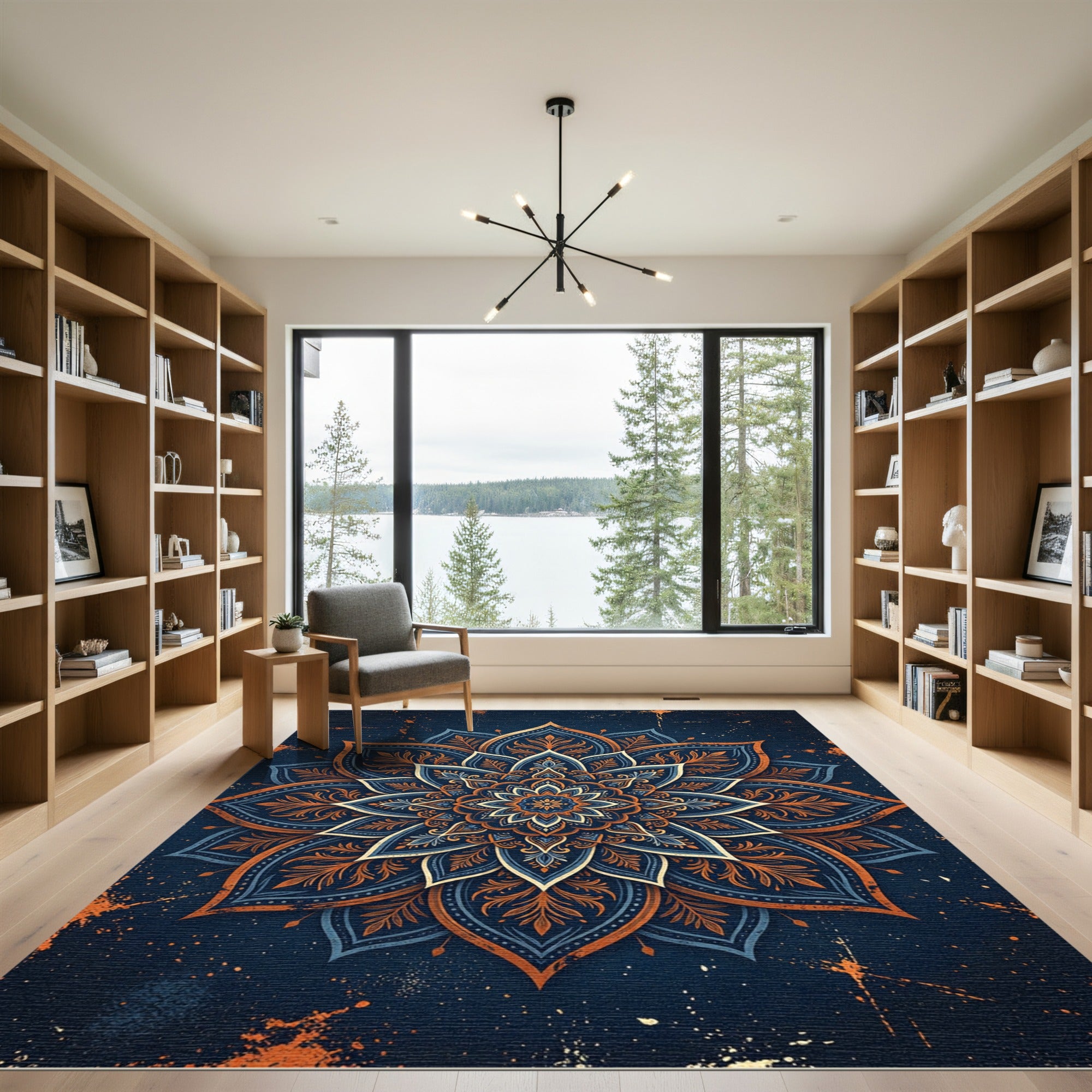 Dark Teal Orange Floral Mandala Rug