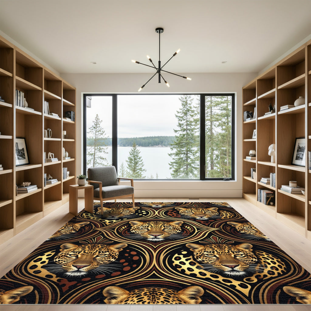 Gilded Leopard Portrait Ornate Damask Rug