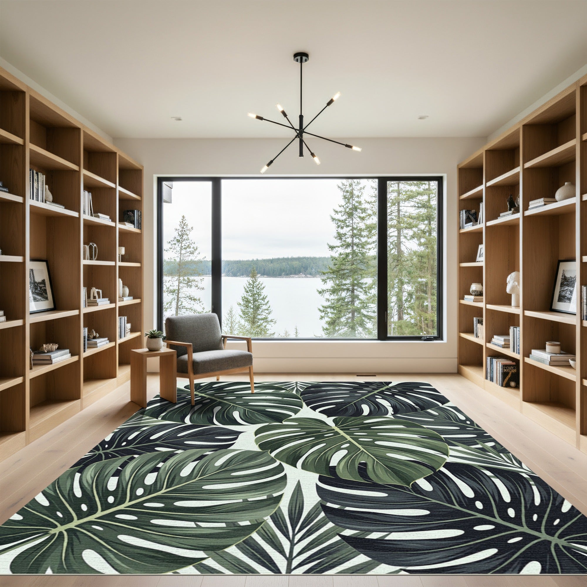Dark Green Tropical Monstera Leaf Collage Rug