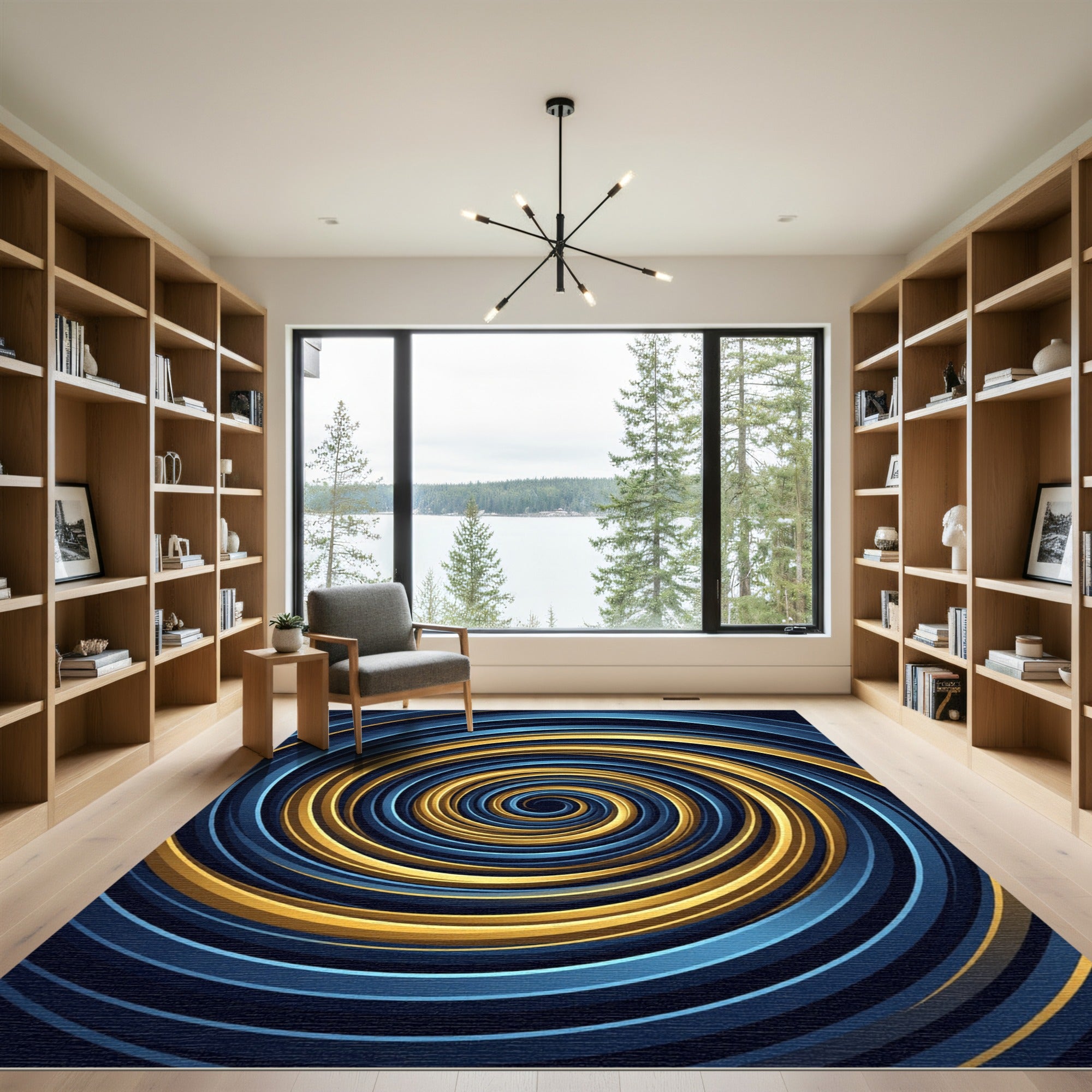 Golden Swirl Abstract Cobalt Vortex Rug