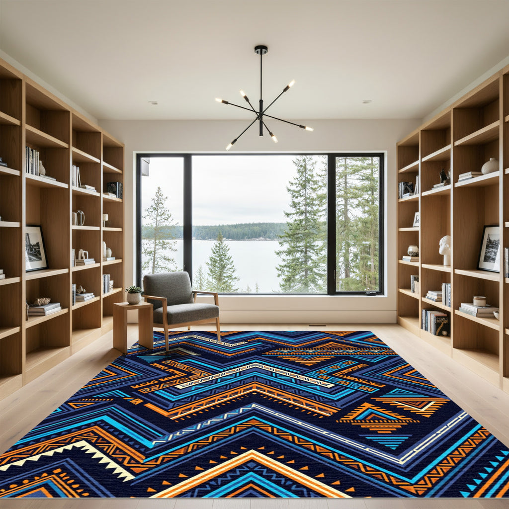 Vibrant Blue Orange Geometric Tribal Zigzag Rug