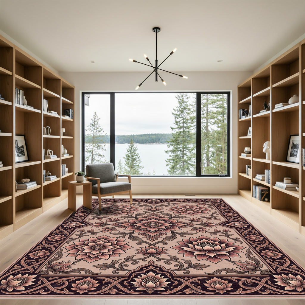 Dusty Rose Floral Medallion Border Rug