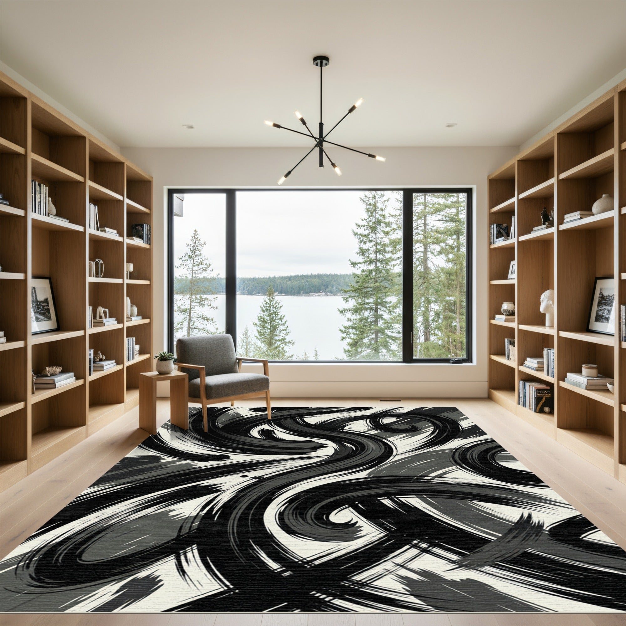 Abstract Monochromatic Ink Brush Swirls Rug