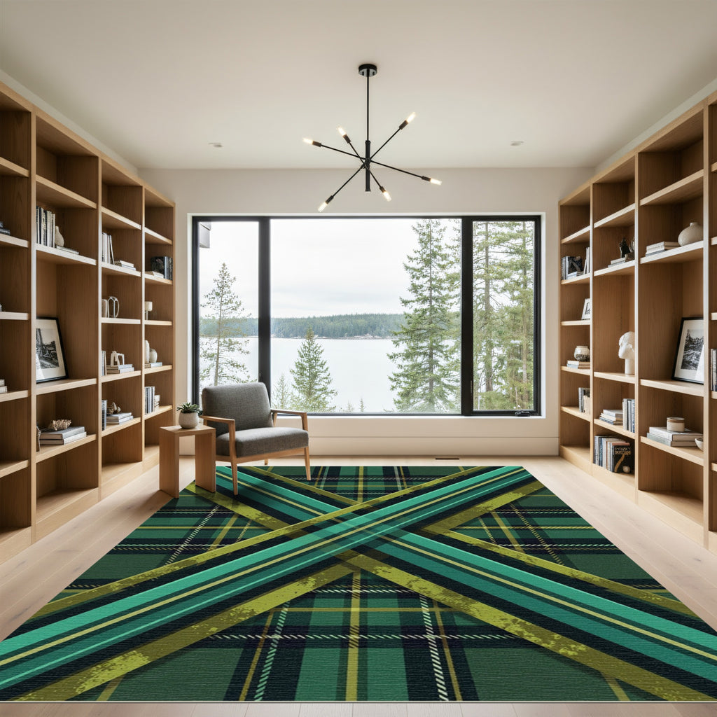 Modern Forest Green Tartan Cross Overlay Rug